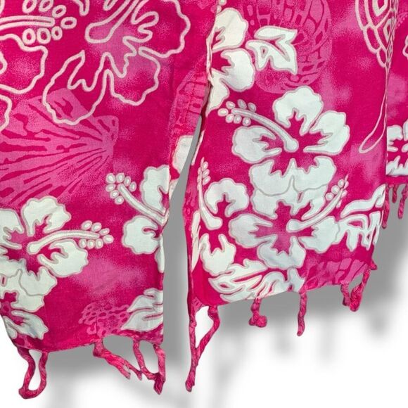 Vintage 90s Mini Dress Hot Pink Tropical Print Floral Slip Dress Fringe Hemmed - Picture 4 of 10